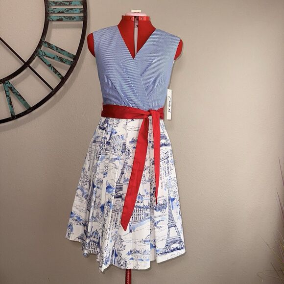 Chetta B Dresses & Skirts - Chetta B Fit & Flare Dress Size 8 NWT Blue & White Red Belt Paris Summer